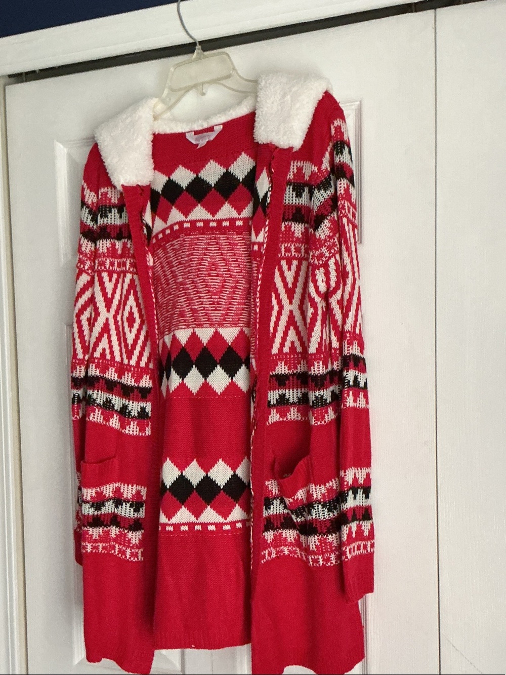 NOBO Red Patterned Open-Front Cardigan with Faux-Sherpa Collar
